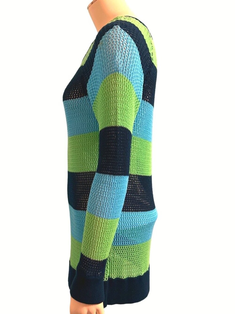 525 America L Green Blue Mesh Tunic Open Knit Sheer Striped Resort Coastal Layer - Picture 6 of 12